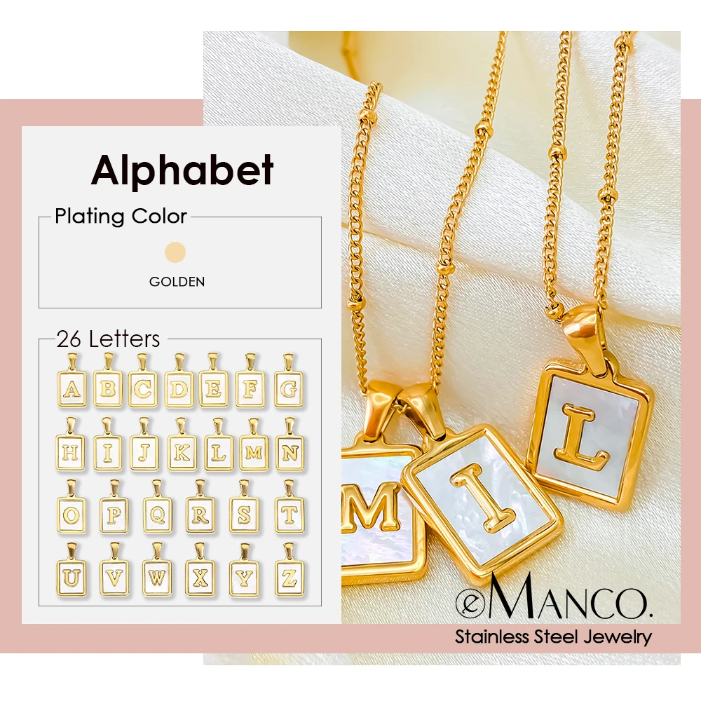 eManco Fashion Jewelry White Rectangle Shell A-Z Capital Letter Pendant Stainless Steel Women's Necklace