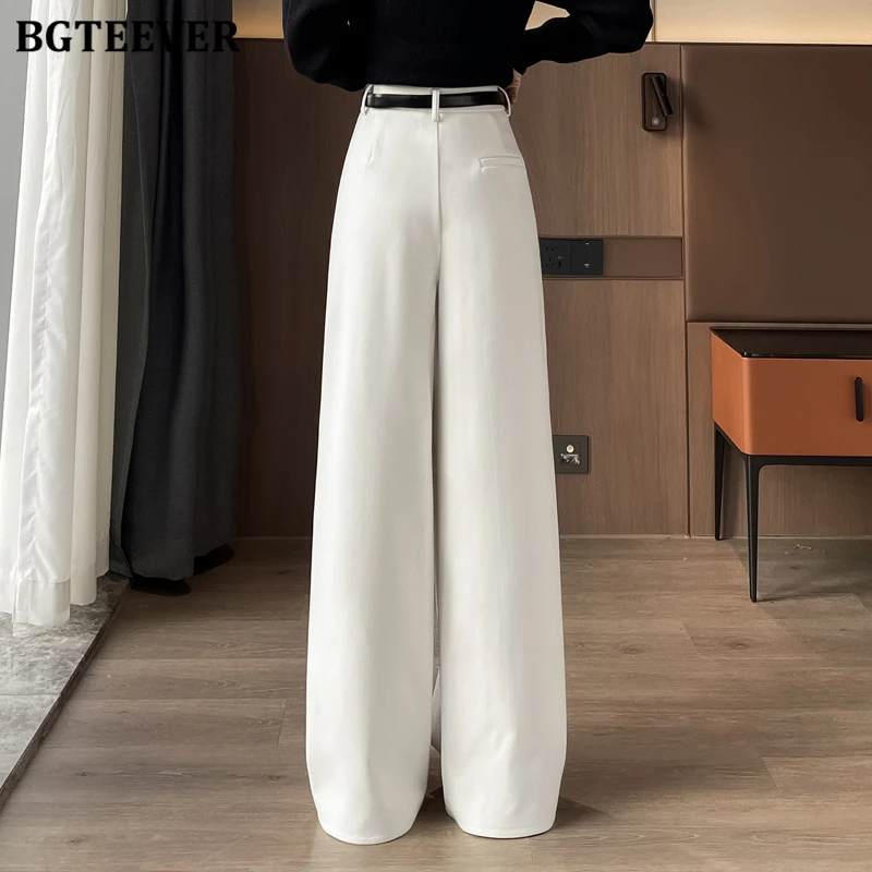 BGTEEVER Elegant Thicken Velvet Ladies Wide Leg Suit Pants Autumn Winter High Waist Stylish Loose Pockets Female Woolen Trousers