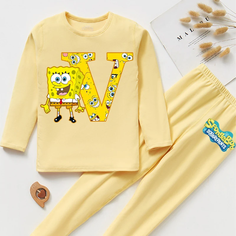 New Spongebob Pajamas for Children Cute Cartoon Letter A-Z Printed Nightgown Boys Girls Loungewear Autumn Children\'s Clothing