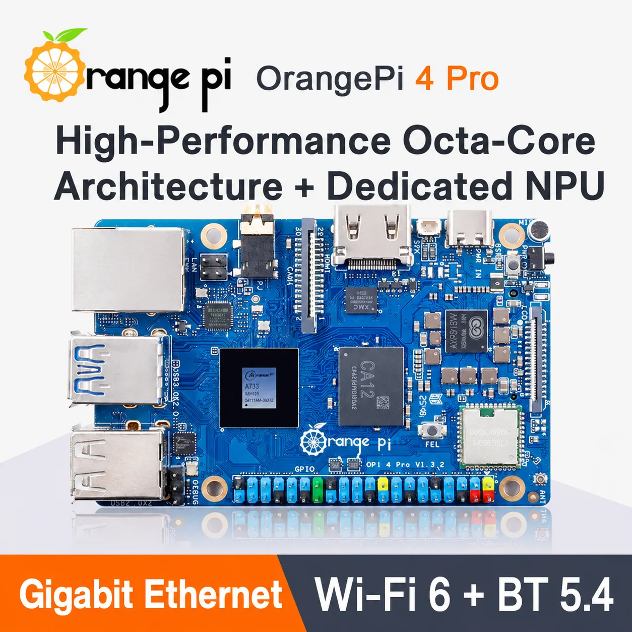 Orange Pi 4 Pro 4GB/6GB/12GB RAM LPDDR5 8 Core 64 Bit Single Board 3TOPS AI NPU A733 WiFi 6 & BT 5.4 Development Board