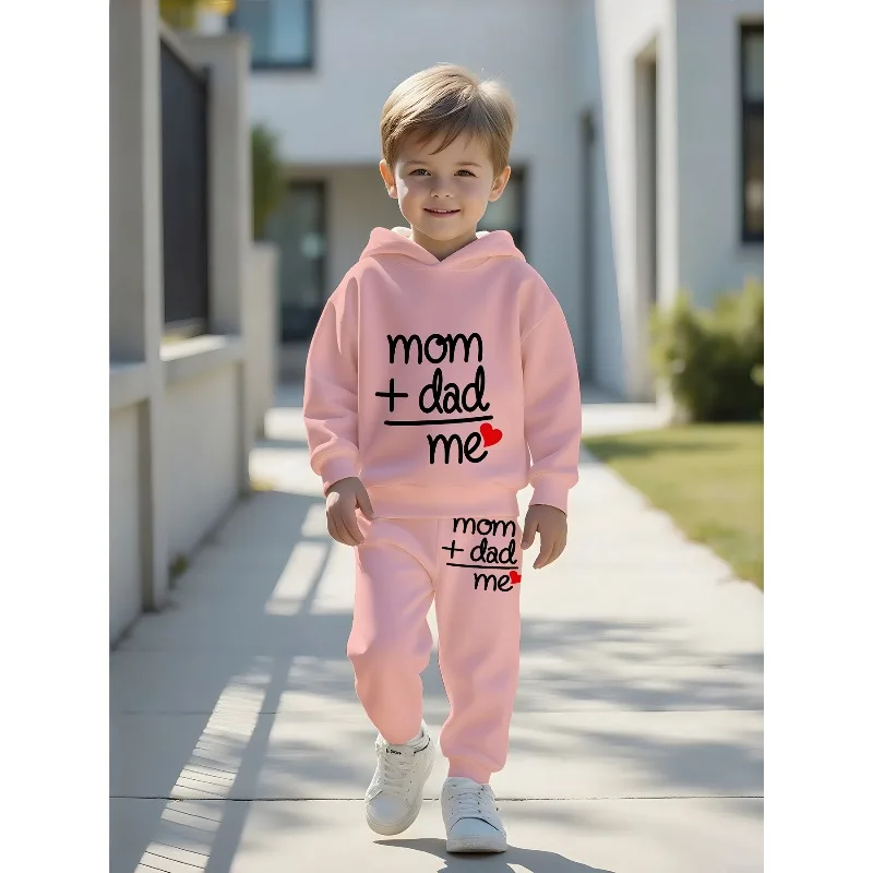 Kids Hoodie Jogger: Mom Dad Me Letter Print, Pink Yellow Palm Leaf Pattern, Bow Dinosaur Graphic Kid Tracksuit