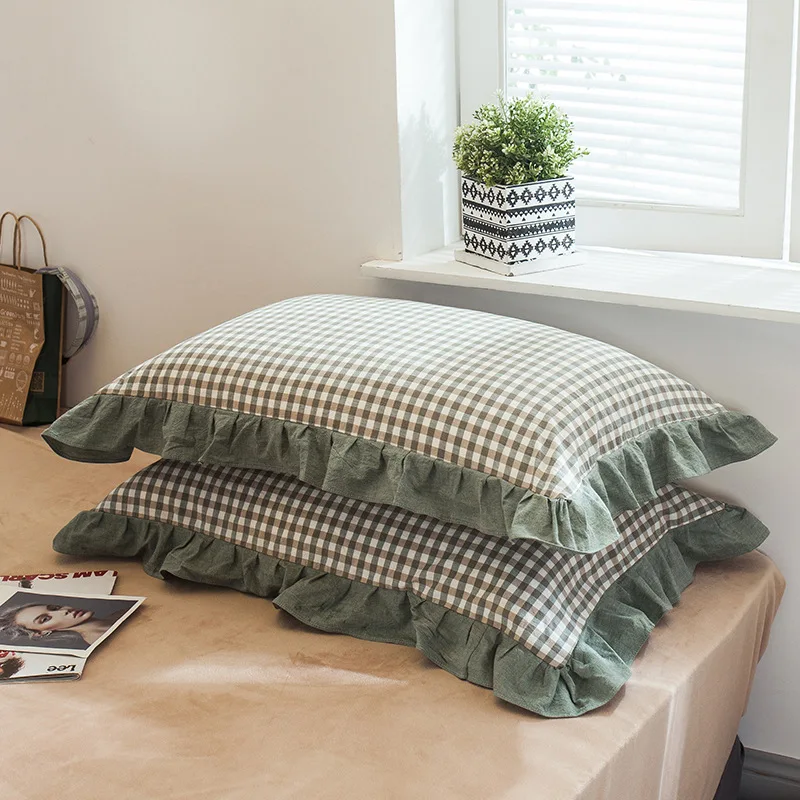 Cotton Striped Printed Pillowcase with Lace Class A Geometric Lattice 2Pcs 48X74Cm Pillow Cases Skin-Friendly Cozy Home Textile