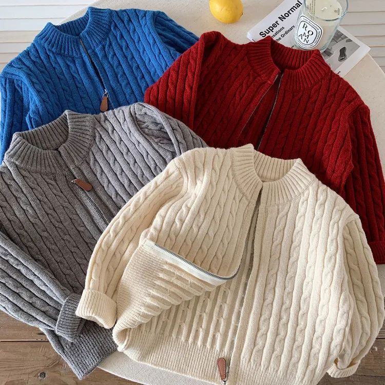 Boys' Sweater 2026 Autumn New Children's Fried Dough Twists Versatile Casual Knitted Cardigan Fashion and Simple