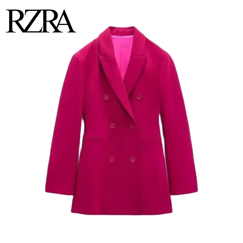 RZRA women\'s clothing 2024 autumn and winter new classic style rose red double-breasted slim long suit jacket