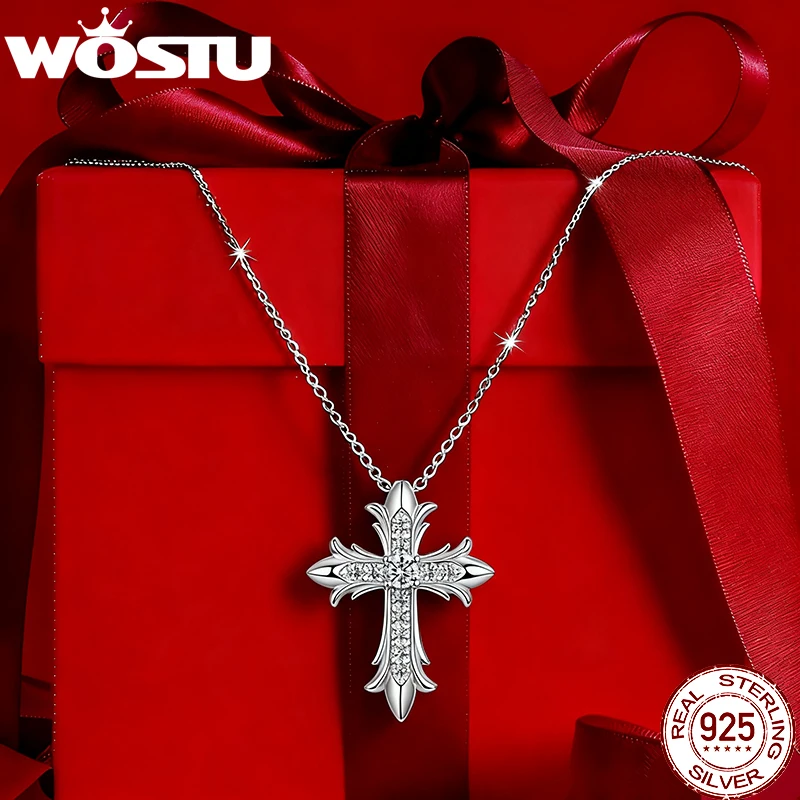 WOSTU Moissanite Collana con ciondolo croce per donna uomo, Unsix per credente sS925 Argento autentico Moissanite Accento Famiglia di gioielli