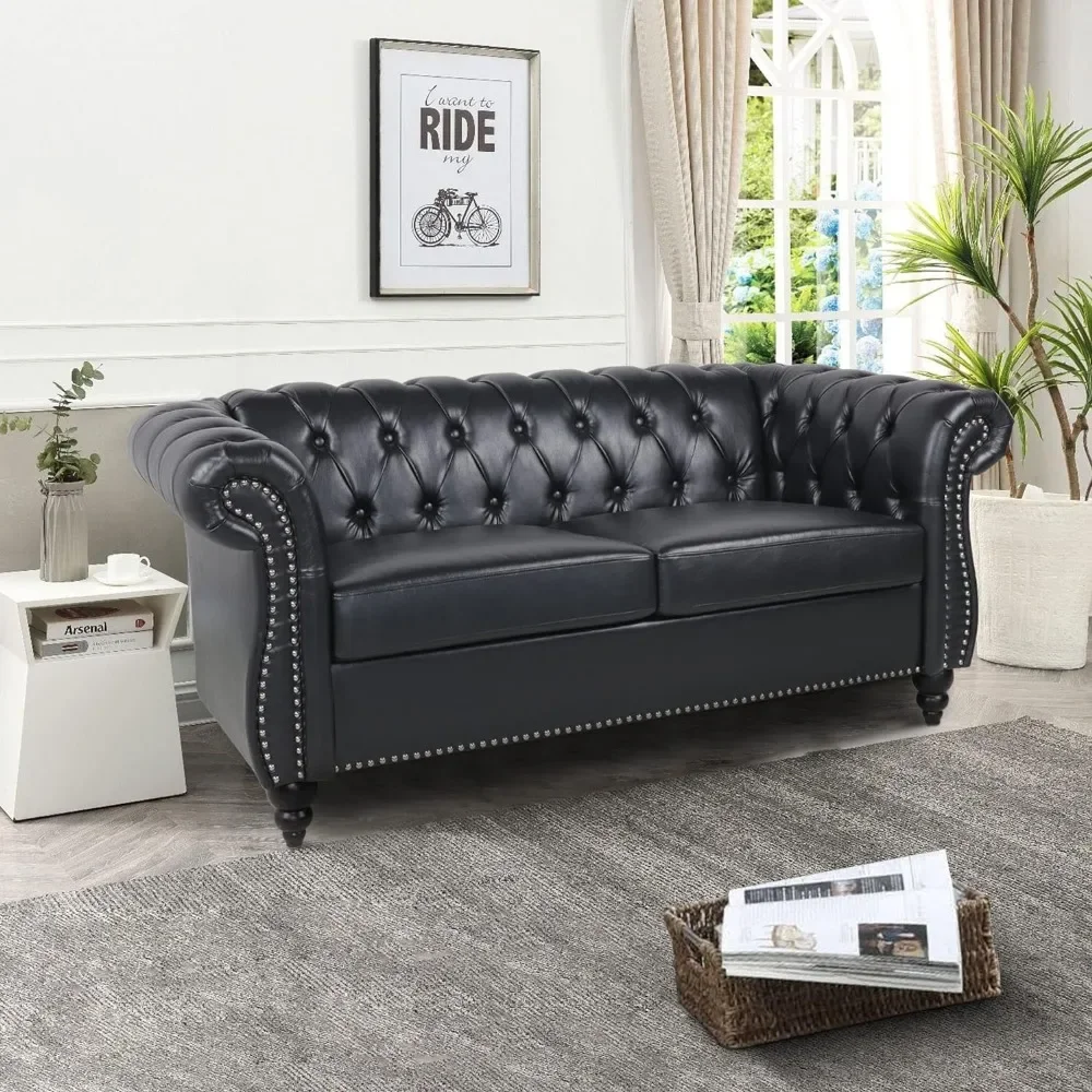 Leather Sofa with 2 Seats, Modern Upholstered Tufted Couch with Rolled Arms and Nailheads, Living Room Sofa