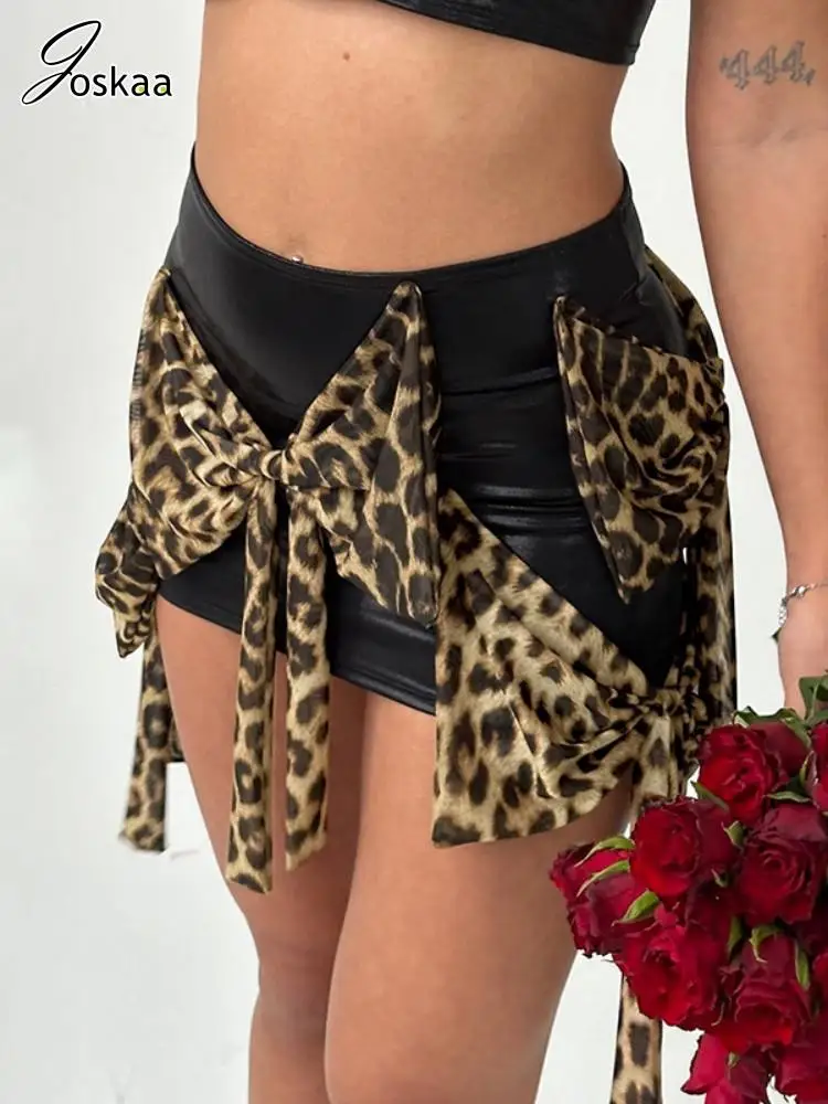 Joskaa Leopard Bow Applique Hip Skirt Women Hipster Sexy Elastic Waist Mini Skirts 2025 Party Club Female Bottoms Y2K Streetwear