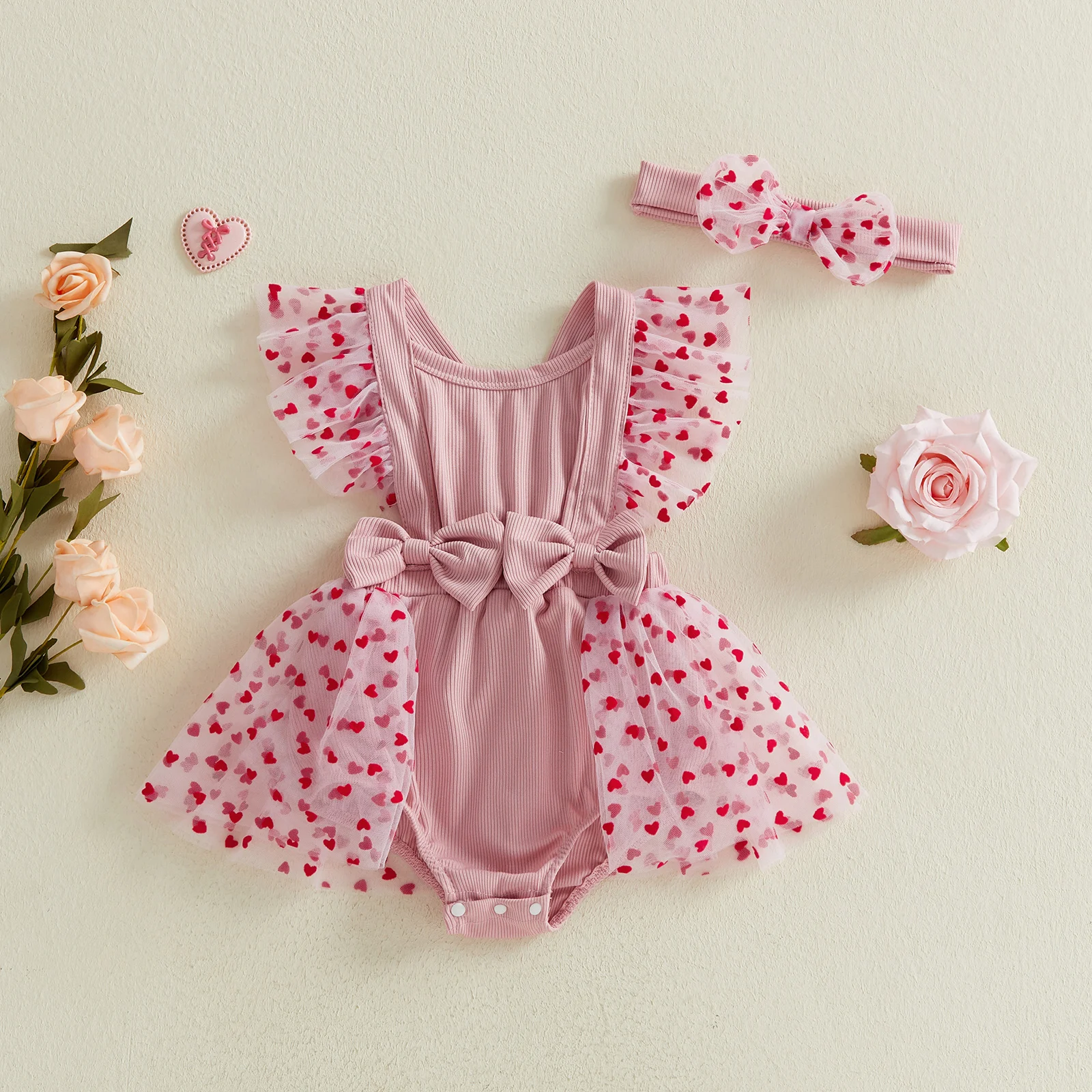 Tregren 0-18M Infant Newborn Girl Outfit, Cute Fly Sleeve Heart Tulle Patchwork Romper with Hairband Valentine’s Day Clothes