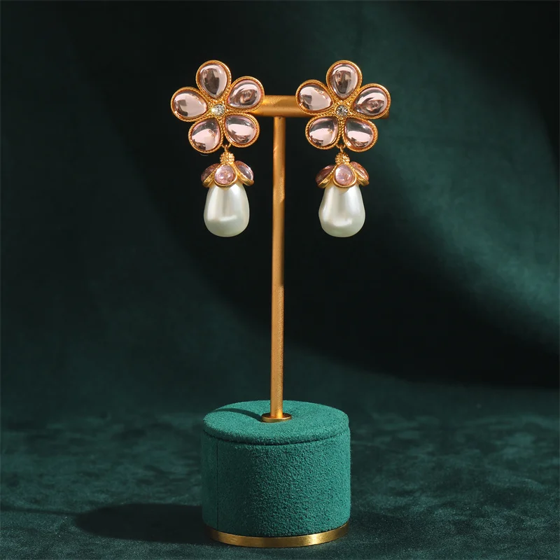 Vintage Crystal Flower Pink Earrings Drop Dangle Pearl Antique Accessories For Woman Jewelry Luxury Designer Girls 2025 New Item