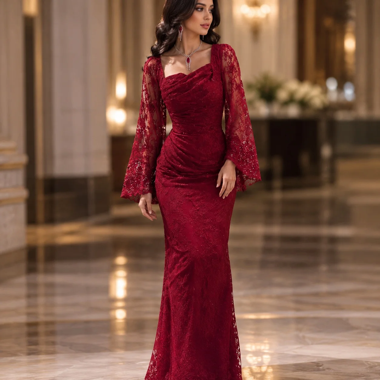Mid Waist Long Dress Gown Maxi Length Elegant with Sequin Embellishment Long Sleeve Spring Wedding Guest Dresses for Women
