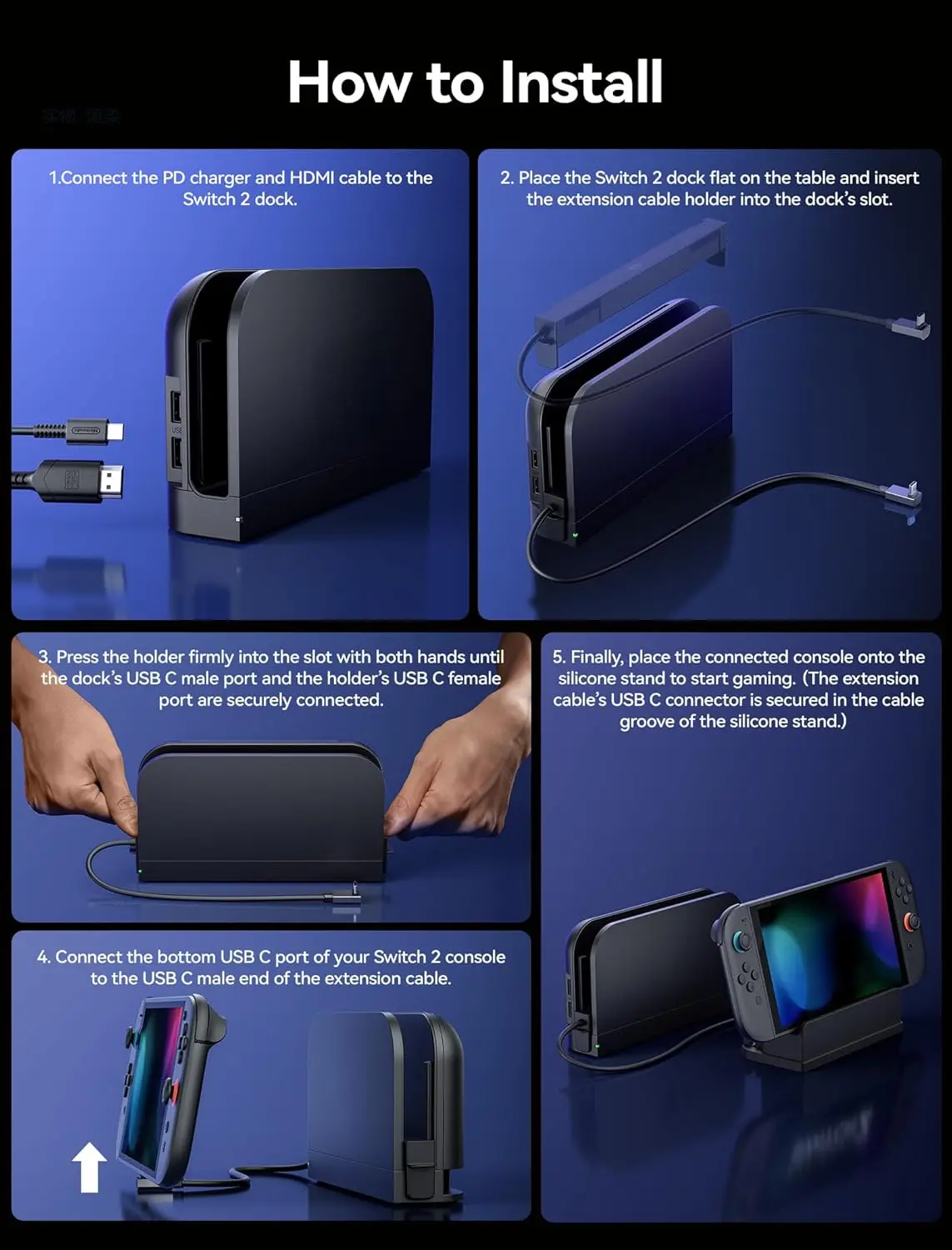 JSAUX Extender Cable with Stand for Switch 2 Dock, 35cm USB C Extension Cable, Fast Charging&10Gbps Data, 4K@60Hz Video Output