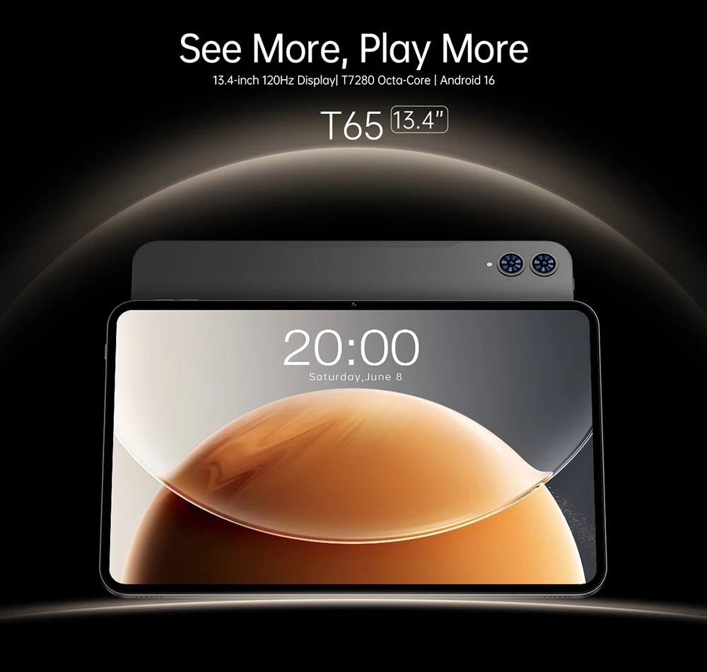 Teclast T65 tablet Android 16 120Hz IPS 26GB RAM 128GB ROM T7280 8-core 4G LTE 8000mAh Type-C GPS 13MP kamera