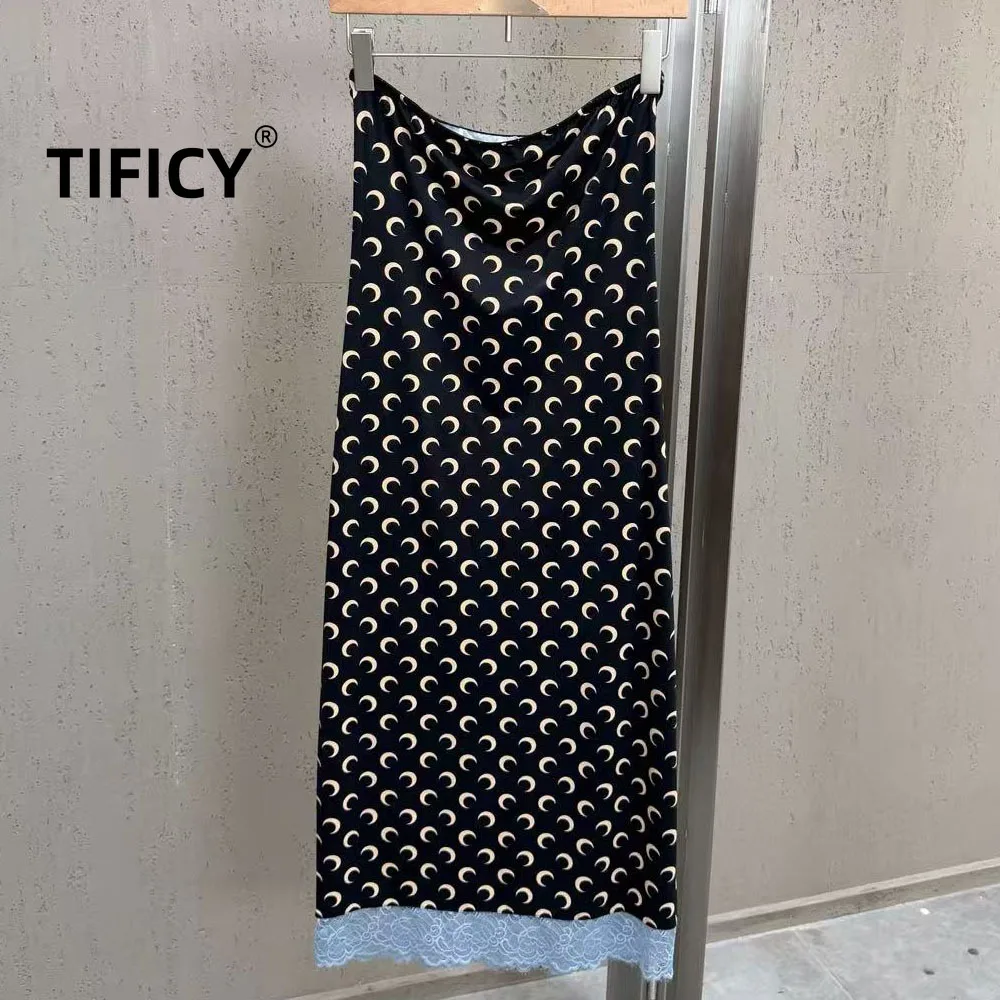 High Street Skirts Women's Summer Black Crescent Print Can Be Worn As A Strapless Slim Fit Mid Length Dress Elegant Half Skirt