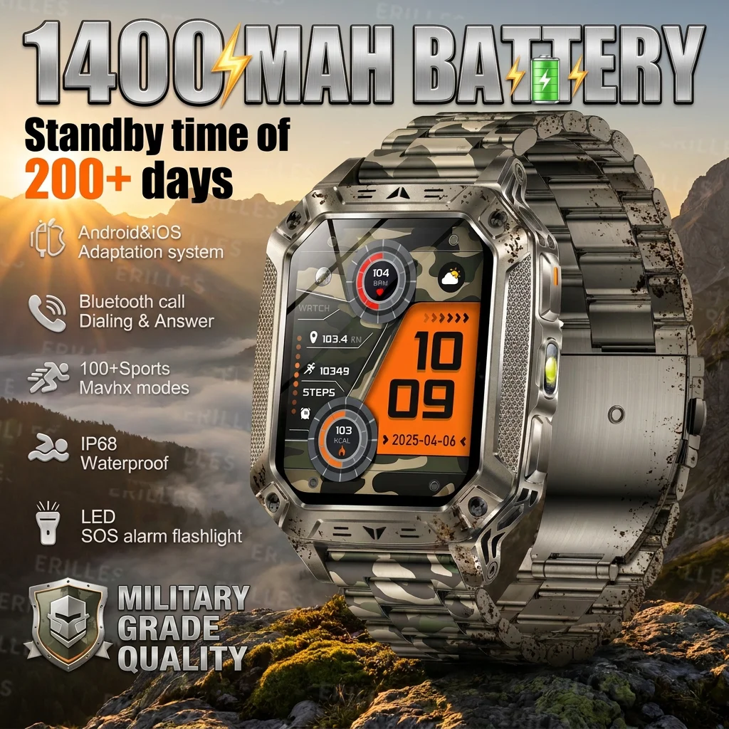 New 1400mAh Battery Outdoors Sports Smart Watch For Man LED Flashlight 2.01 HD Large Screen IP68 Waterproof Military Smartwatch