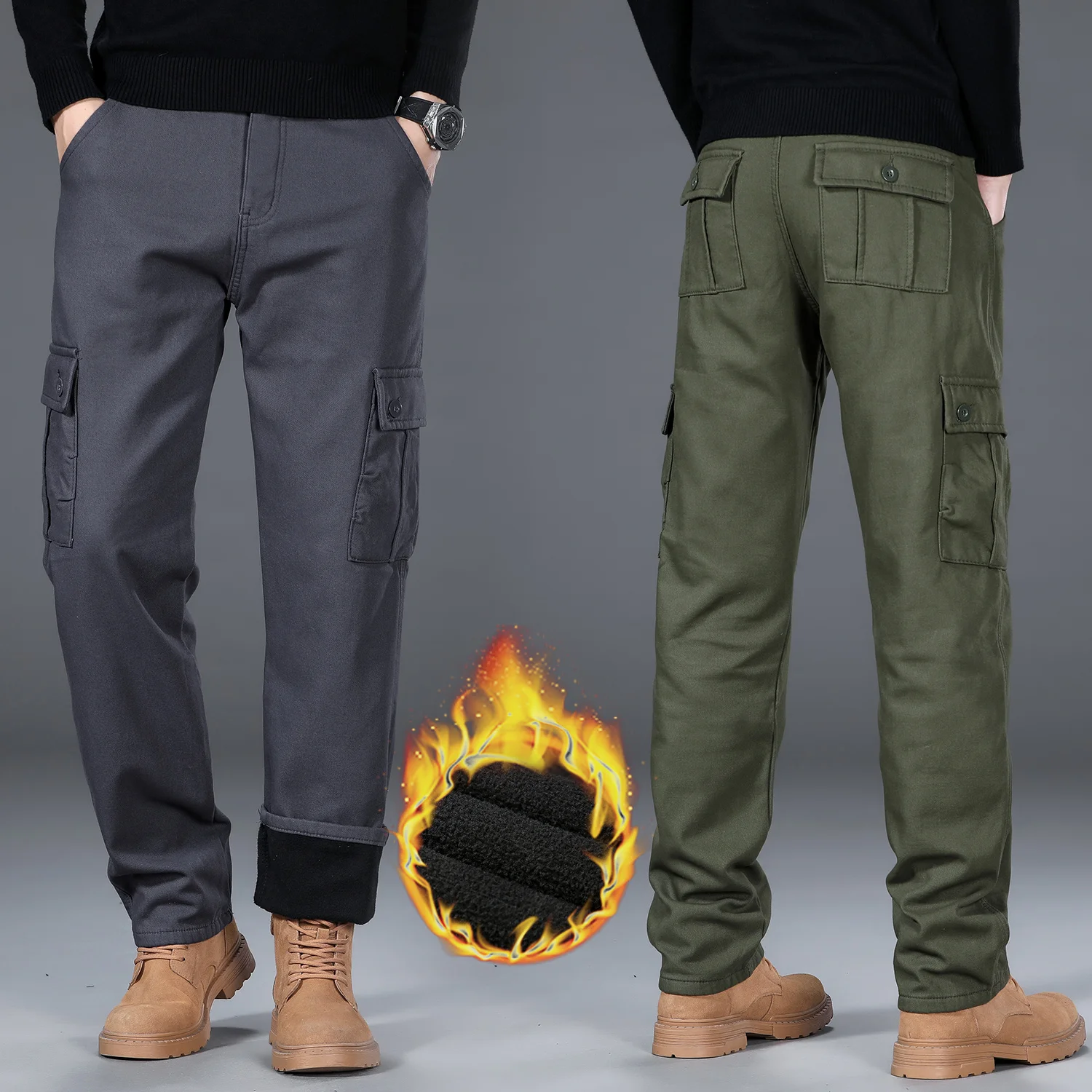 High Quality Winter Warm Fleece Lined Thicken Men's Cargo Pants Multi-Pocket Overalls Work Wear Outdoors Trousers Plus Size 40