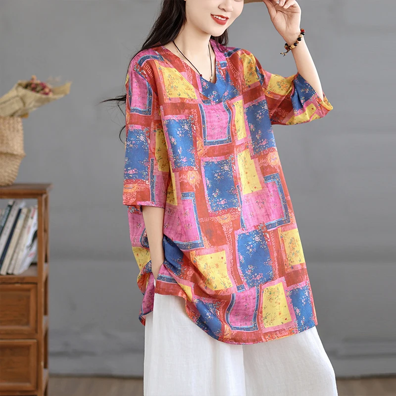 Lässiges Baumwoll-Leinen-Print – Casual Loose Linen Shirt Dress Bewertung und Preis