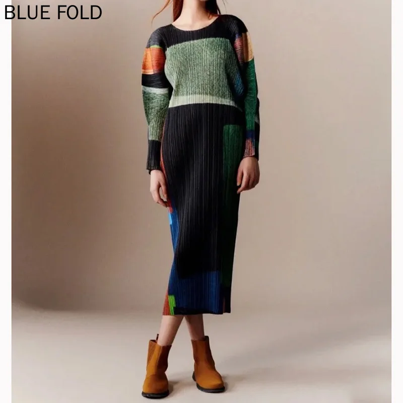 

Miyake Pleated Dress with the Same Style as Celebrities Spring and Summer Color Matching Slimming Celebrity Round Neck PLEATS