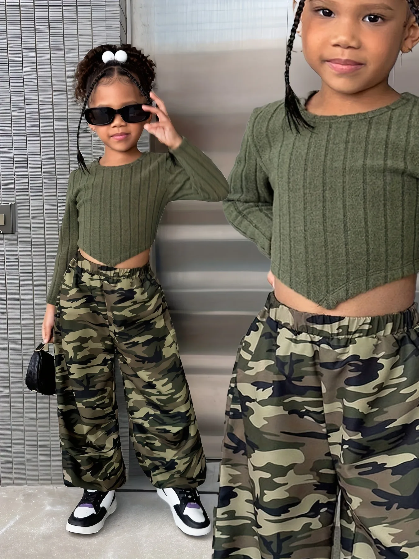 Trendiges 2-teiliges Set für Mädchen, olivfarbenes geripptes Langarm-Crop-Top und Camouflage-Hose mit weitem Bein für den täglichen Street-Style – Detail 4