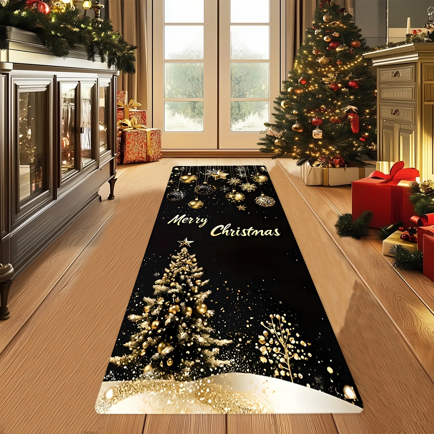 VIKAMA Golden Christmas Tree Design Carpet, Warm, Non-Slip & Dirt-proof. Living Room, Bedroom, Corridor, Running Rug, Home Decor
