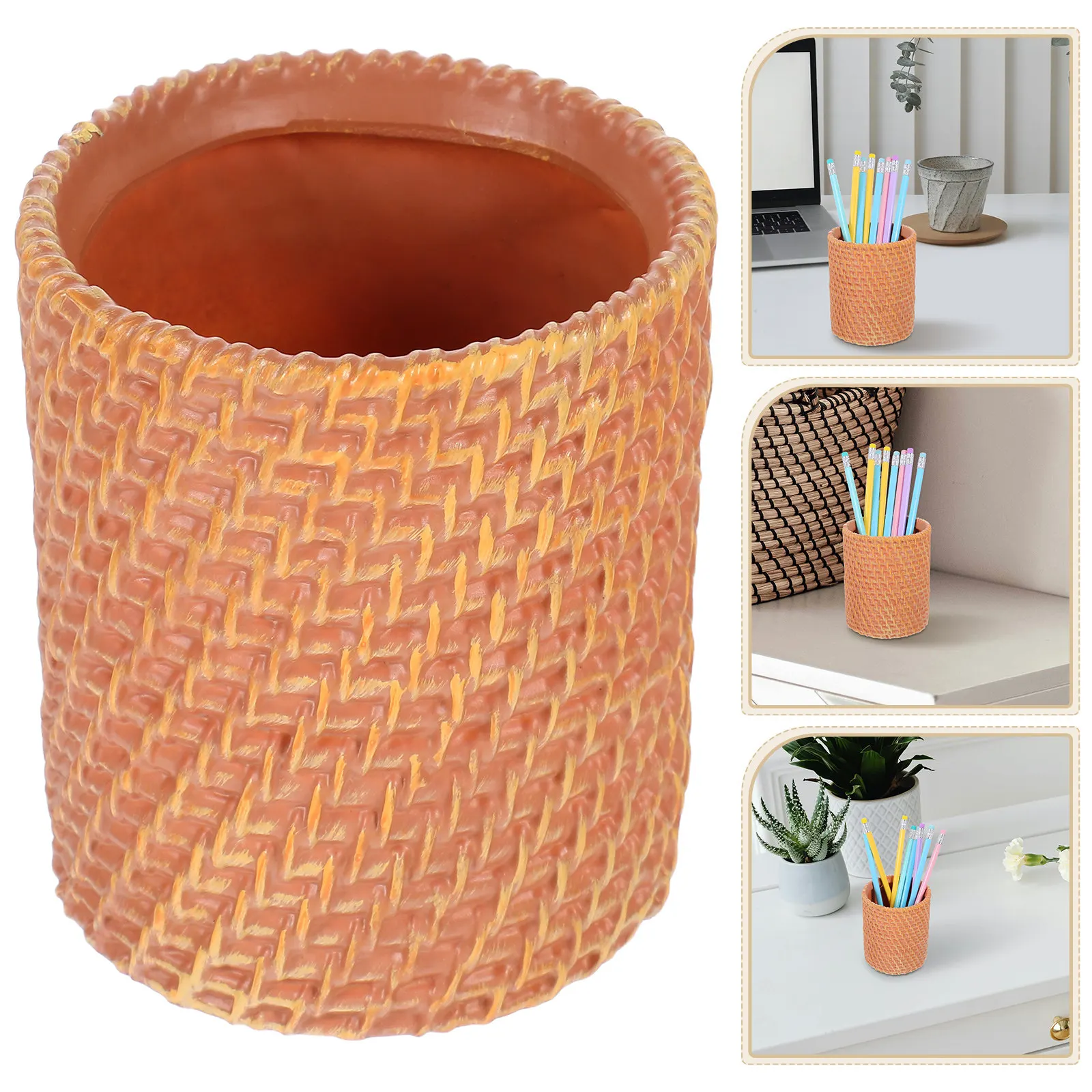 

Faux Rattan Pencil Holder Multi-Functional Desktop Organizer Flower Vase Makeup Brush Cup Office Pen Container Decorative