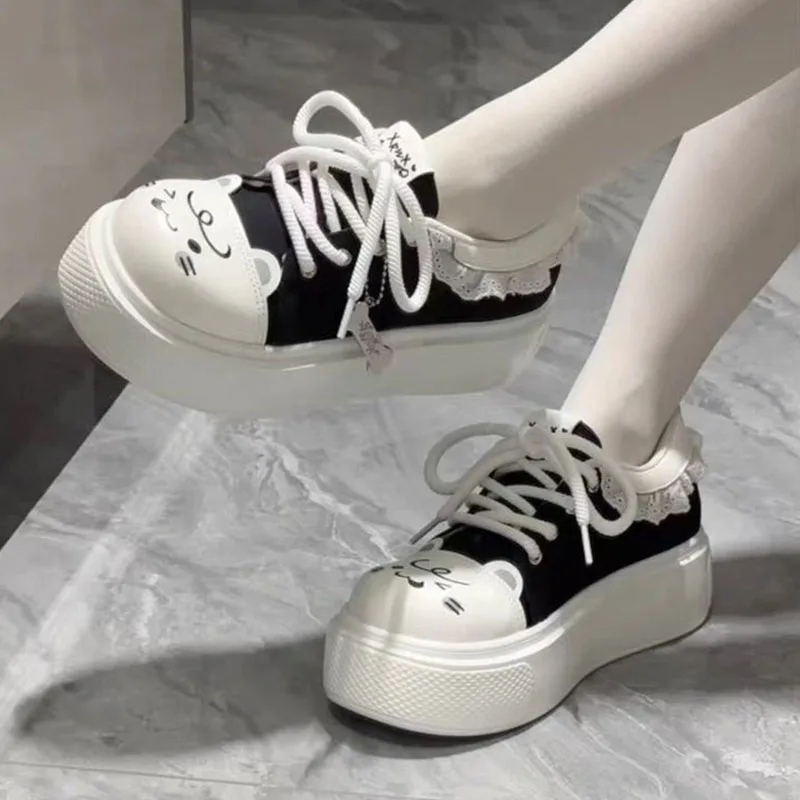 New Women's Casual Shoes Cute Cartoon Print Lace Trim Canvas Shoes Fashion Platform Sneakers Girls Lolita Thick-soled Shoes 2025