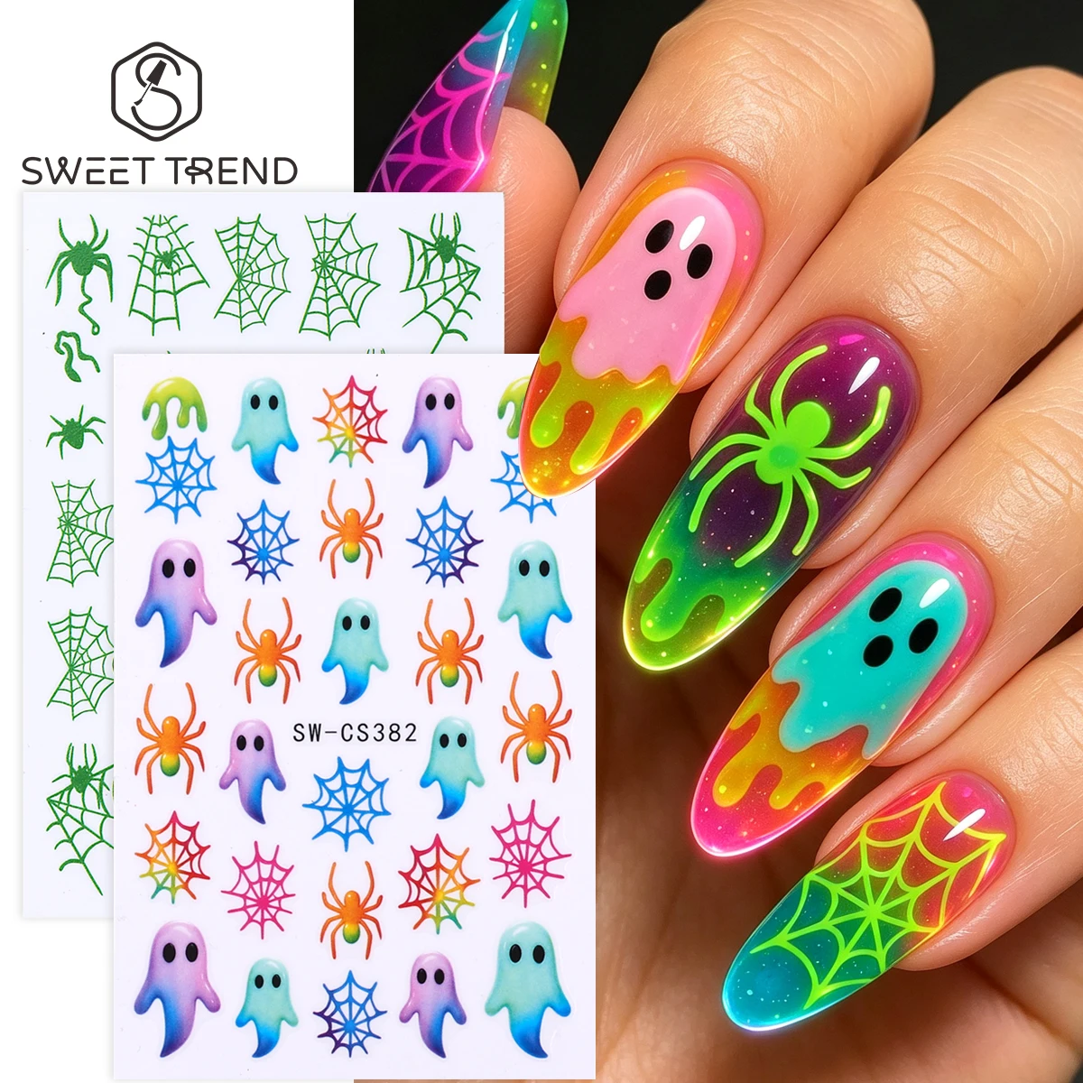 2pcs Cute Gradient Ghost Nail Decals Spider Web Spooky Green Spiders Stickers Halloween Party Trending Manicure DIY Decor Foils