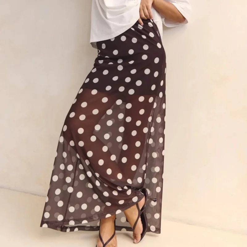 Y2K 페어리 코켓 스커트 드레스 여성용 맥시 스커트 시스루 로우라이즈 러플 폴카 도트 프린트 화이트 블랙 메쉬 시어 스커트