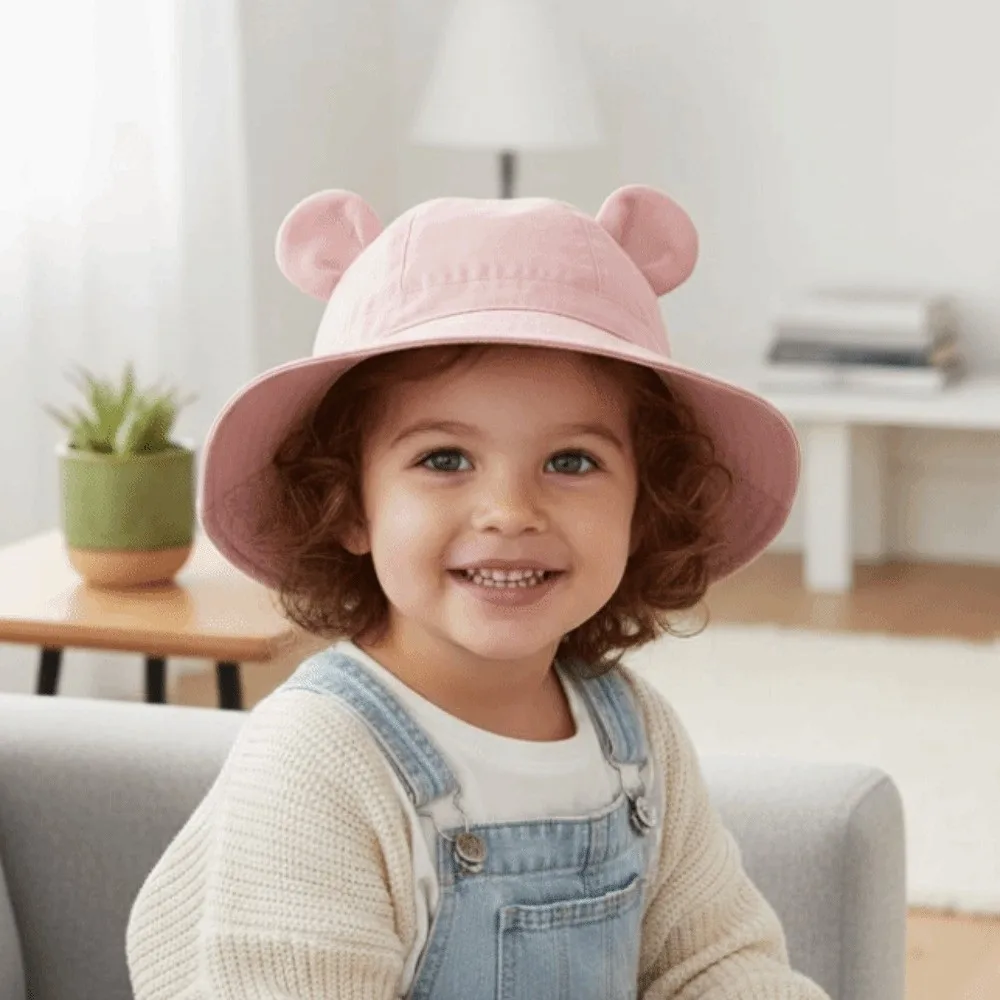 

Breathable Children Fisherman Hat Solid Color Cartoon Bear Kids Sunshade Bucket Cap Windproof Rope Comfortable