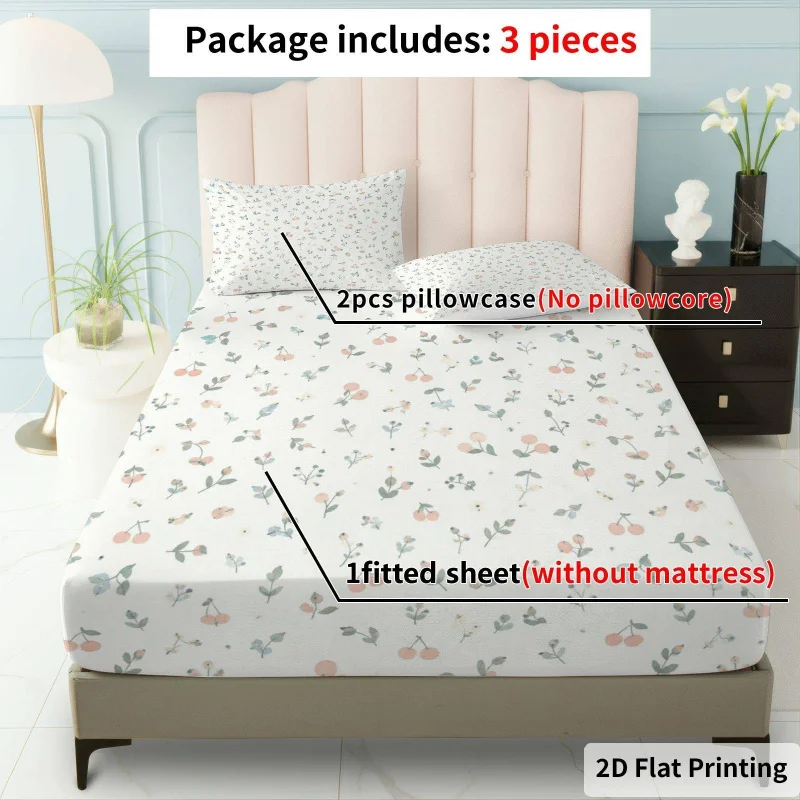 3Pcs Pastel Floral Fitted Sheet Three Piece Set (1*Fitted Sheet + 2*Pillowcases, Coreless), Bedding Set