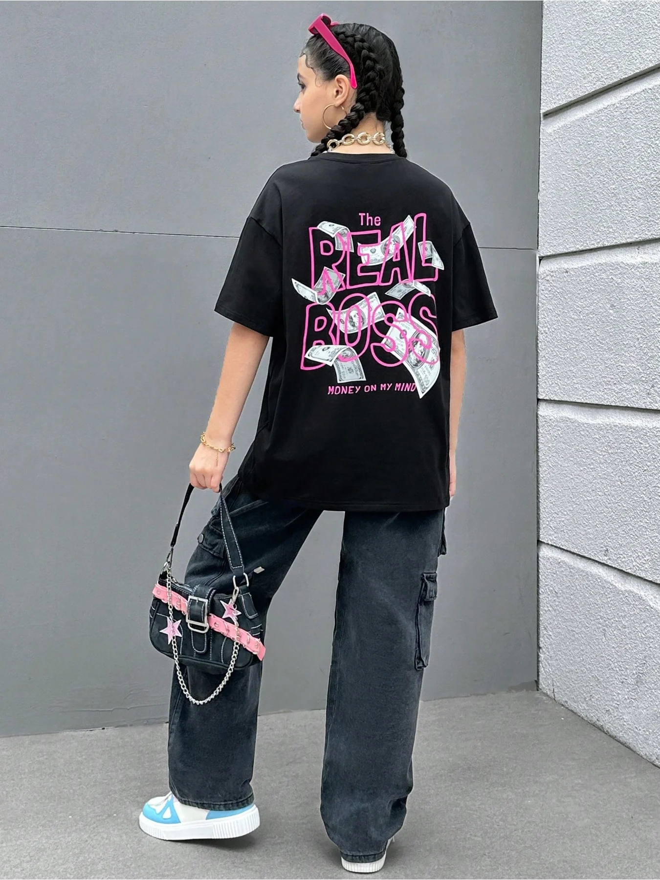 2026 casual and comfortable children's clothing back letter banknote print solid color round neck short sleeved top T-shirt