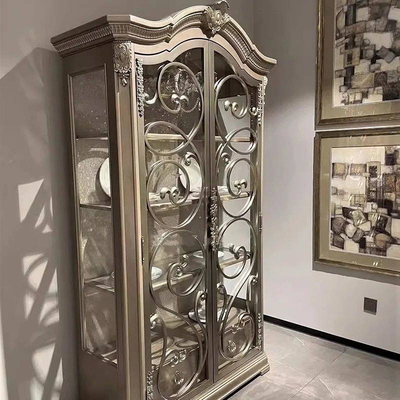 North American country solid wood wine cabinet double door glass antique cabinet French engraved retro dining side cabinet