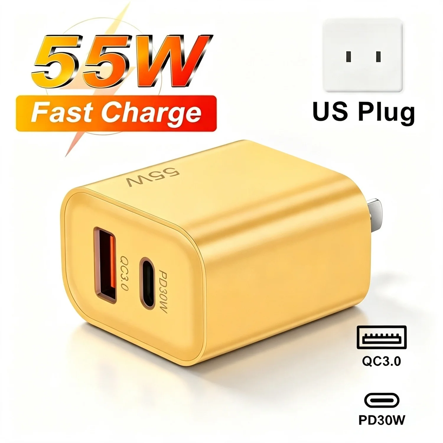 US Plug USB C 55W Fast Wall Charger For iPhone Samsung Xiaomi Redmi POCO Huawei Quick Charging USB-A Power Adapter Phone Charger