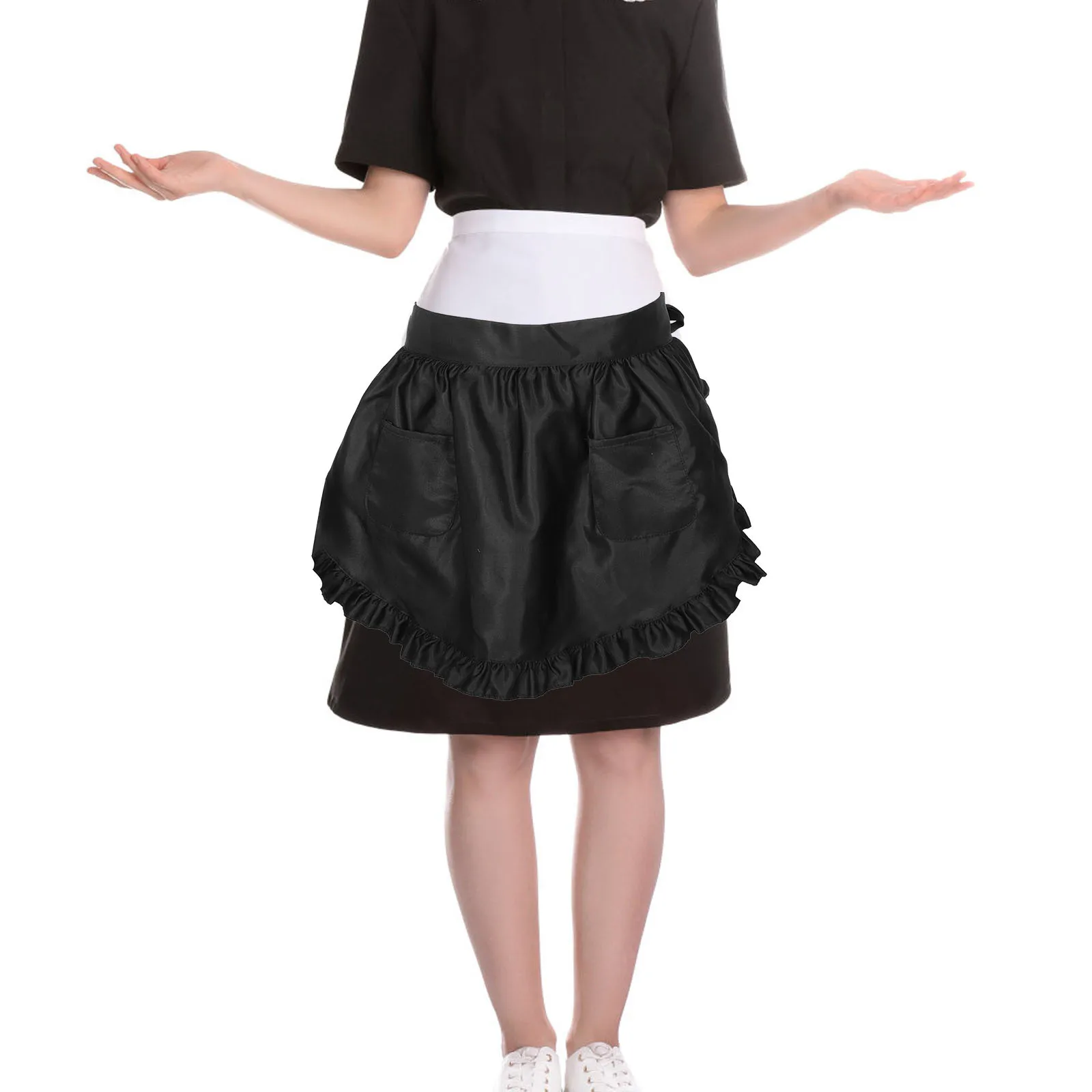 

Women'S Black Half Apron With Ruffled Lace Trim Double Pockets Kitchen Cooking Restaurant Cafe Waist Apron For Waitress