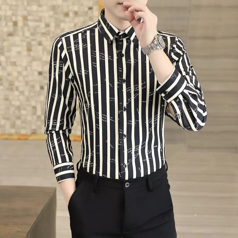 Spring and Autumn Men\'s Cardigan Single Breasted Polo Collar Stripe Letter Geometric Pattern Printed Long Sleeve Shirt Tops