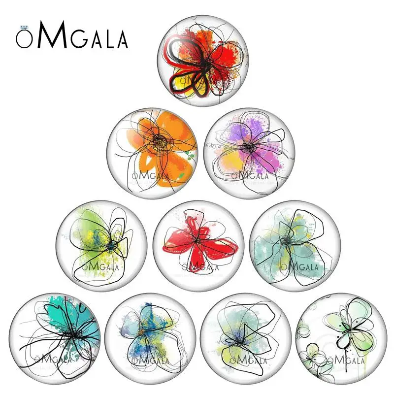 Mix Color Art Drawing Flowers 12mm/14mm/16mm/18mm/20mm/25mm/30mm Round photo glass cabochon demo flat back Making findings