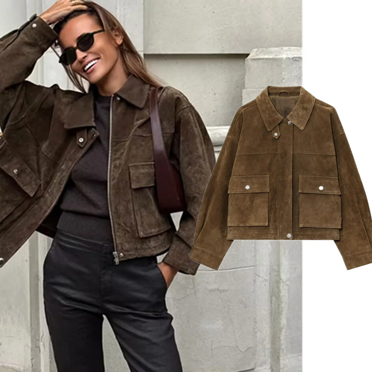 Maxdutti Winter Coat Minimalist Retro Loose Large Pocket Flight Bomber Jacket French Fashion Blogger Suede Brown Coat Women