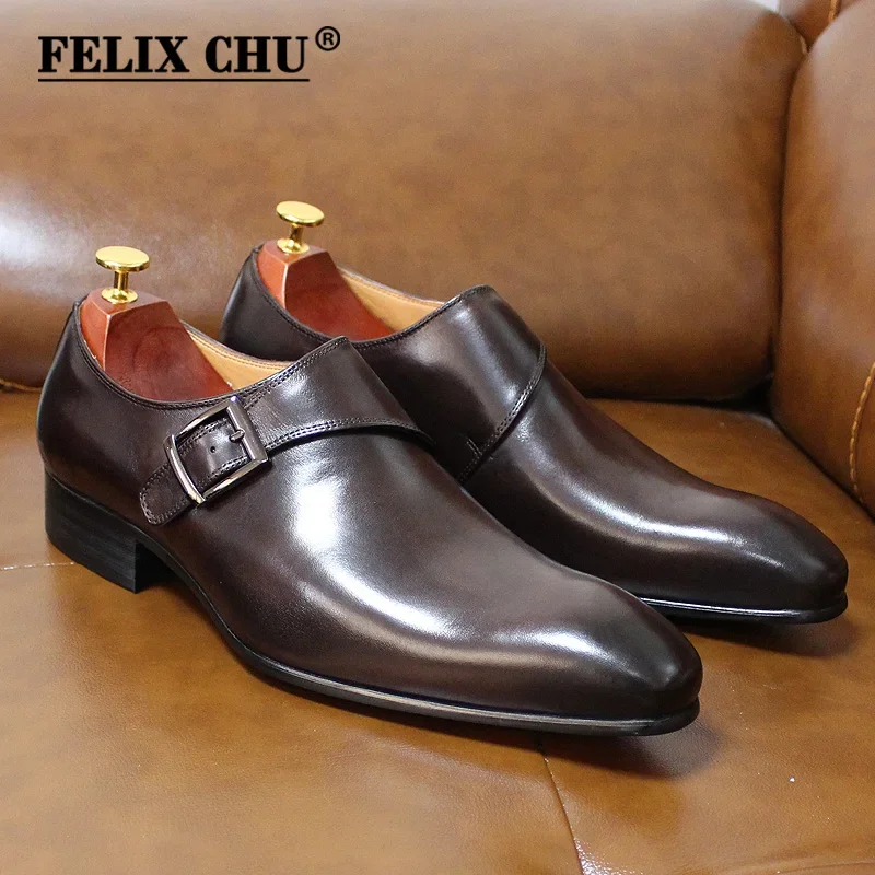Chaussures habillées classiques en cuir véritable pour hommes, chaussures formelles avec sangle de moine, marron foncé/noir, pour le bureau et les affaires