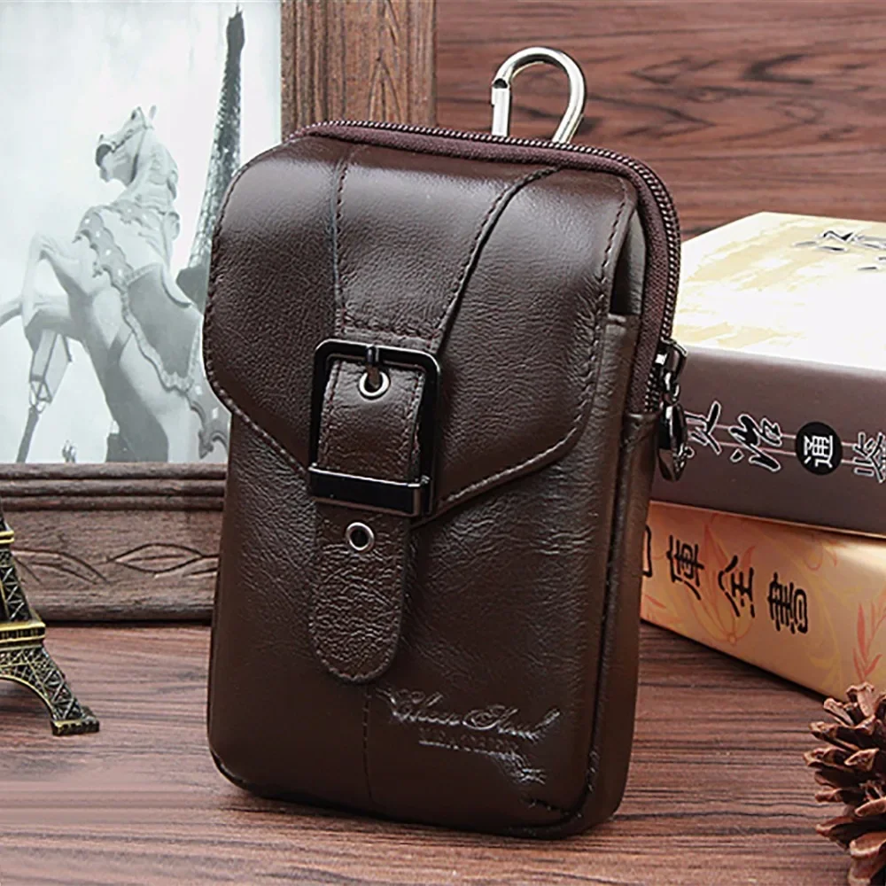 Men Cell Mobile/Phone Case Hook Money Bag Real Cowhide Small Bag Hip Belt Purse High Quality Genuine Leather Fanny Pack Waist