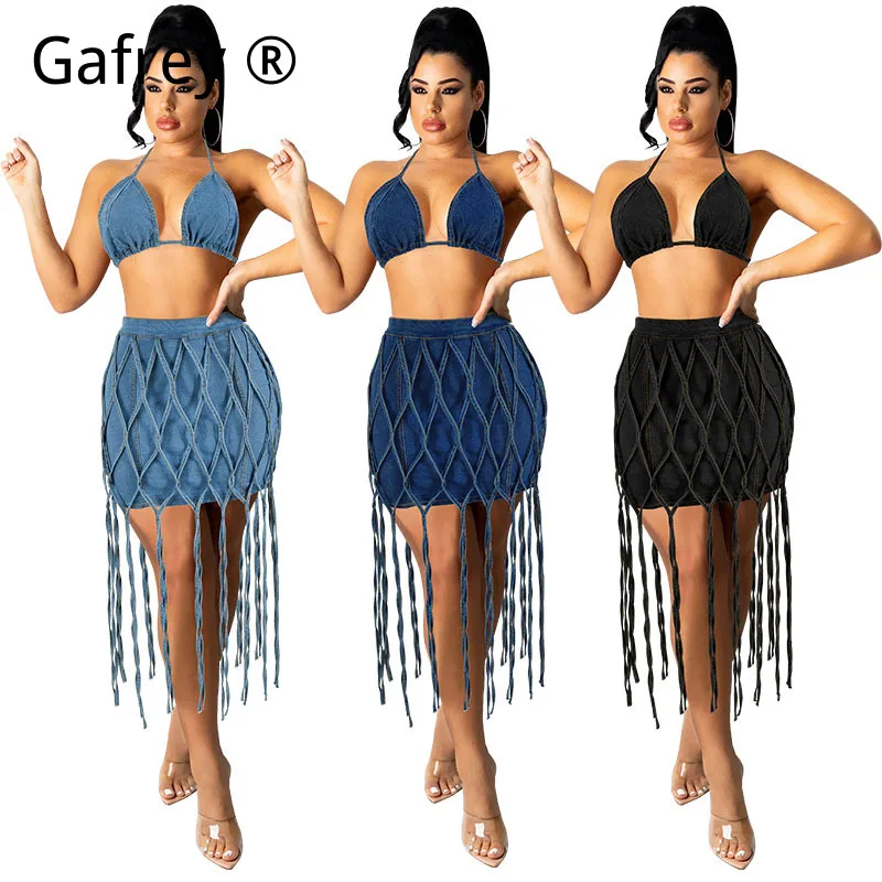 

Women Denim Two Piece Set Rope Detail Mesh Panel Skirt Set Drawstring Hollow Out Jean Matching Outfit Casual Streetwear Y2K