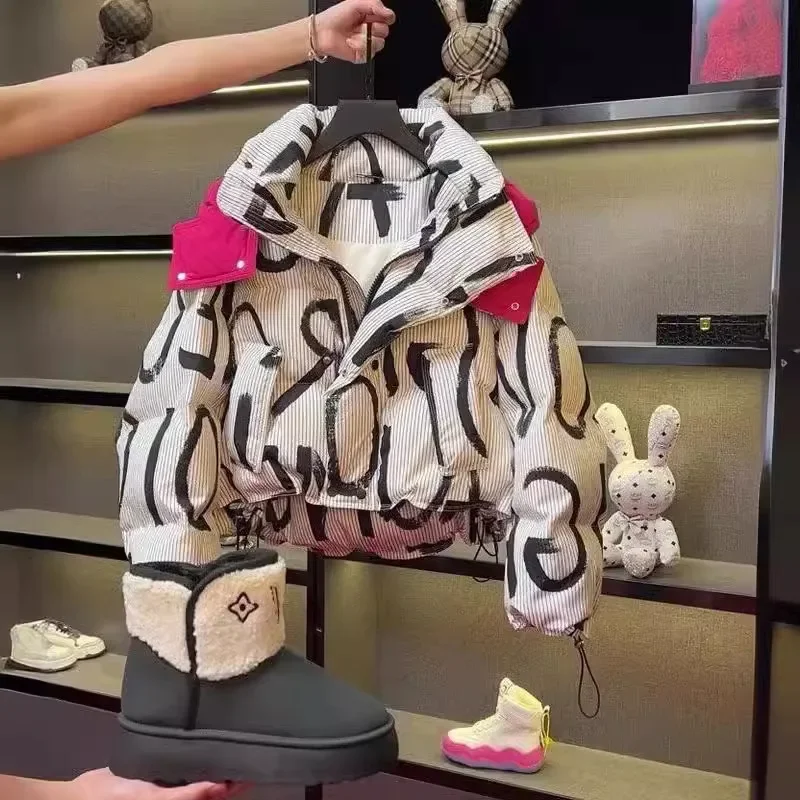new-winter-cotton-jacket-for-girls-letter-graffiti-short-down-jacket-versatile-fashionable-children-hooded-jacket