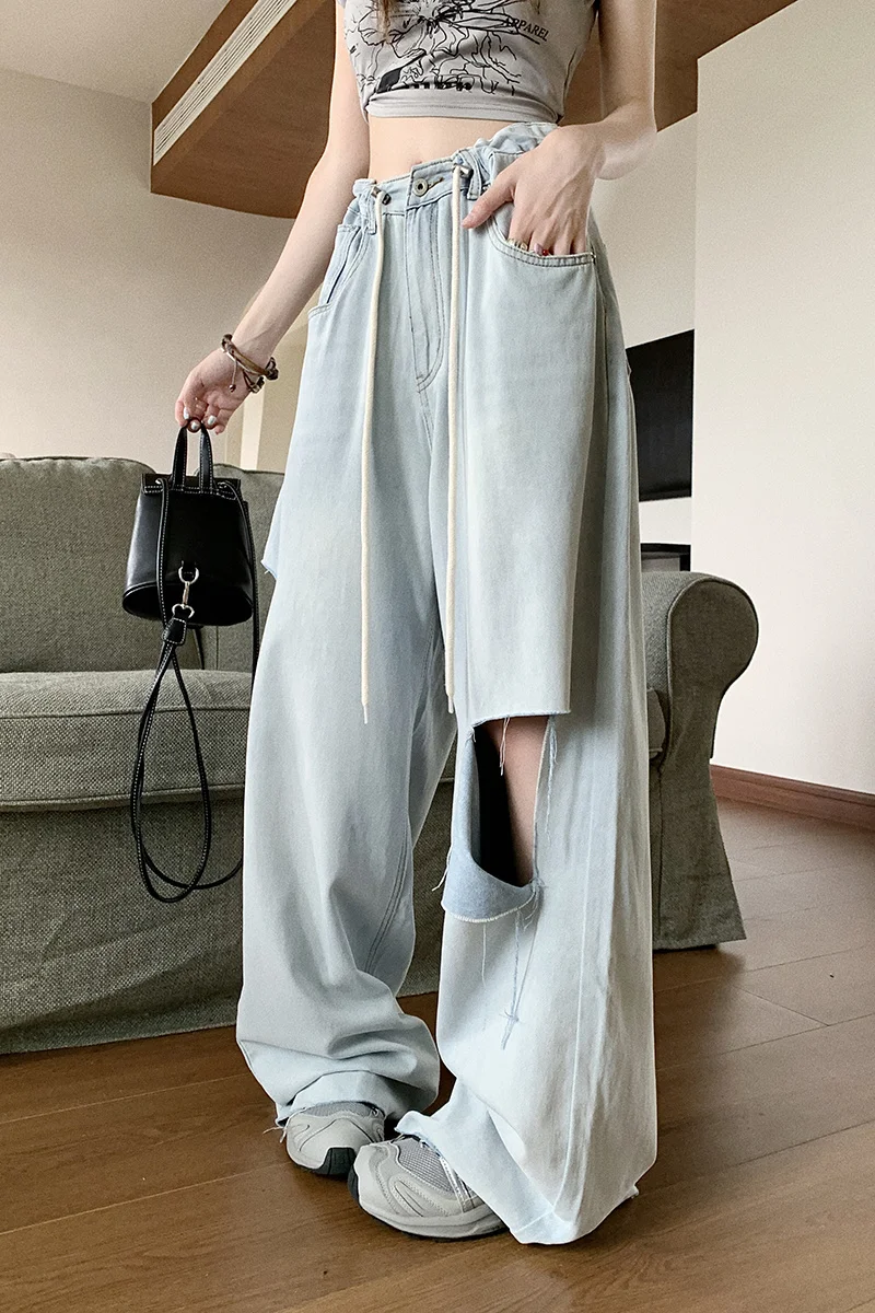 American Light Blue Jeans For Women's Summer Thin Drawstring Loose Wide Leg Pants With Straight High Waist Pants Women