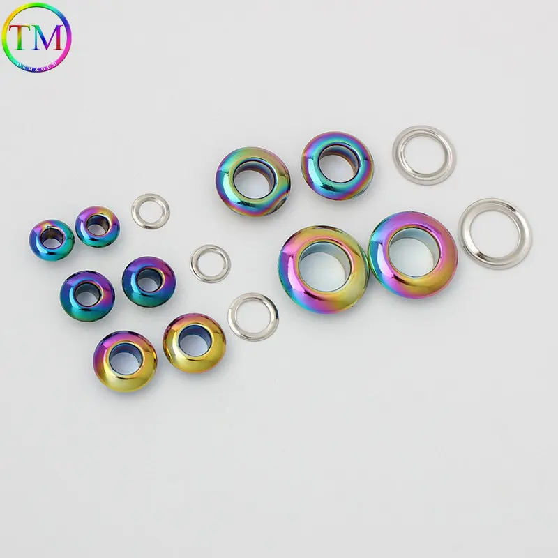 Œillets en métal à trou arc-en-ciel avec anneau rond, œillets pour sacs à faire soi-même, vêtements, ceinture, chapeau, chaussures, maroquinerie, 4mm, 6mm, 10mm, 25mm