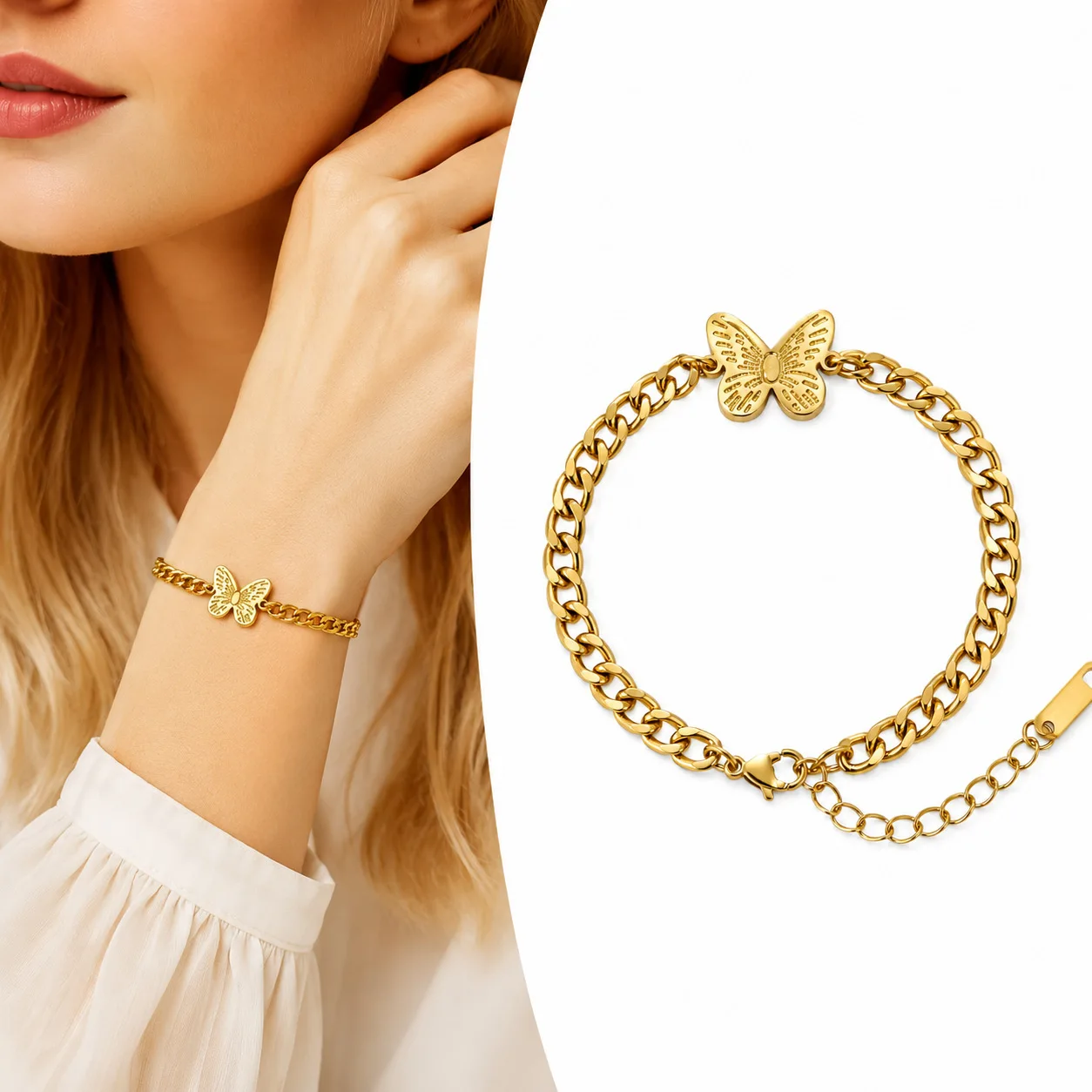 European and American New Trendy Butterfly Bracelet with Premium 18K Stainless Steel Cuban Chain