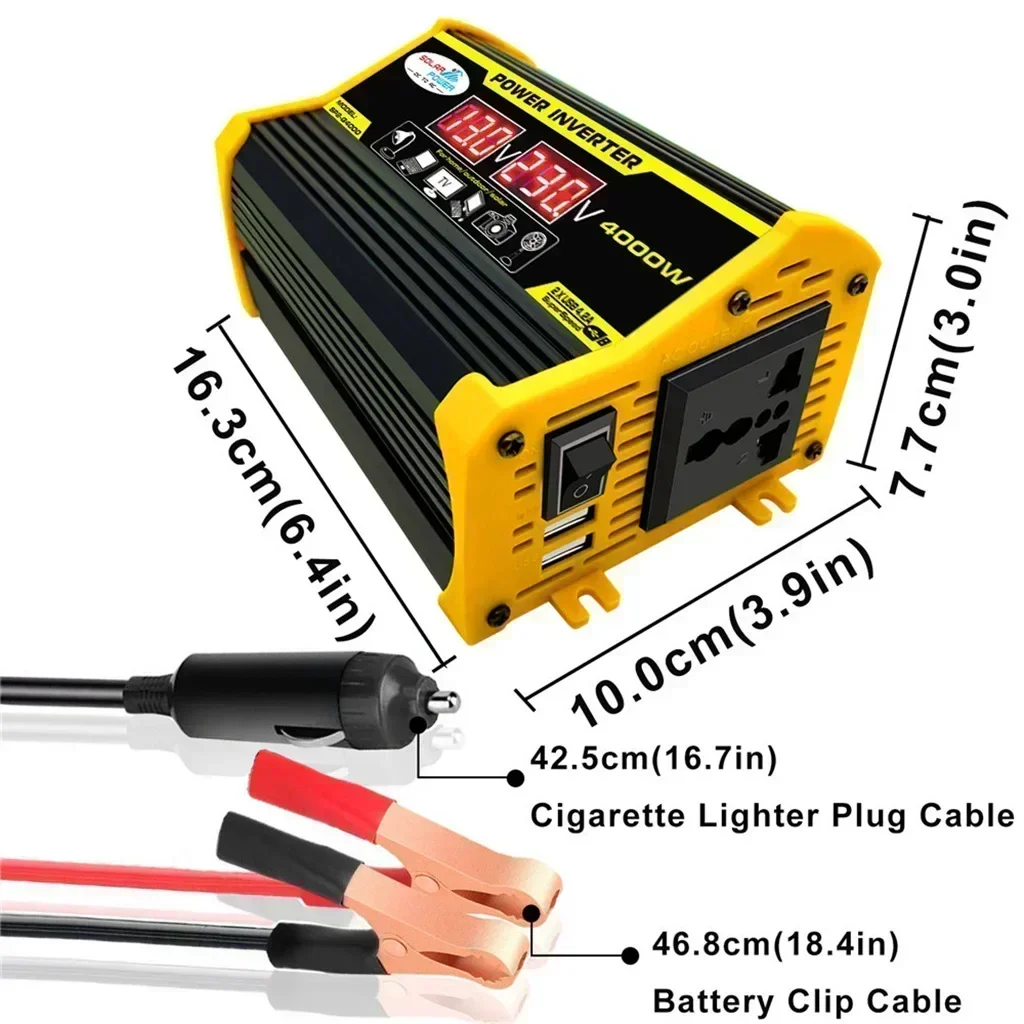 NEW 4000W Peak Car Power Inverter, DC 12V to AC 110/220V Voltage Display Converter with Dual USB