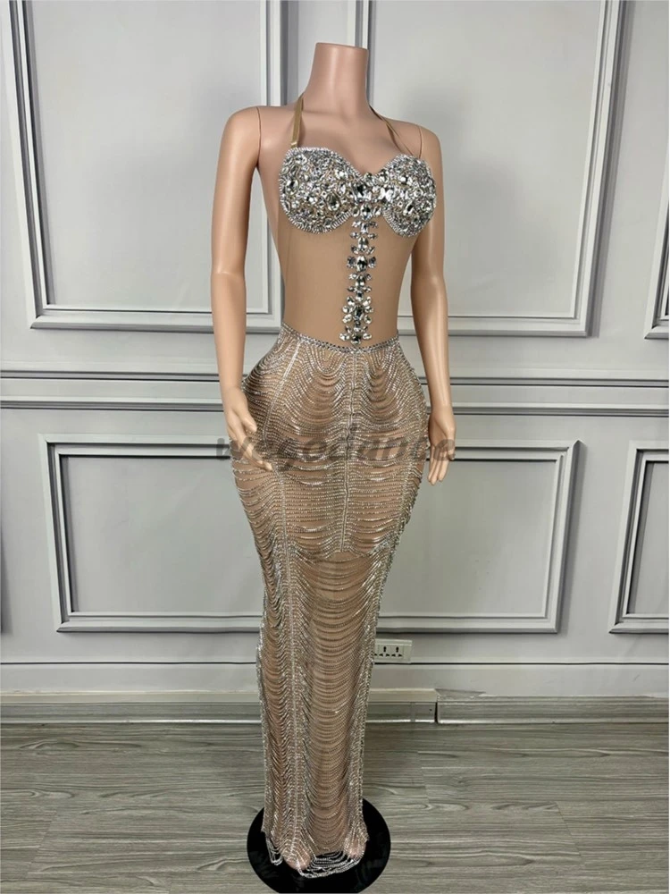 New Sexy Rhinestones Chain Long Evening Party Dress For Women