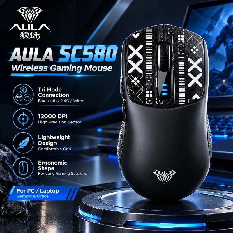 AULA SC580 Wireless Gaming Mouse Tri Mode Bluetooth 2.4G Wired 12000 DPI Ergonomic Computer Mouse For PC Laptop Esports Gaming