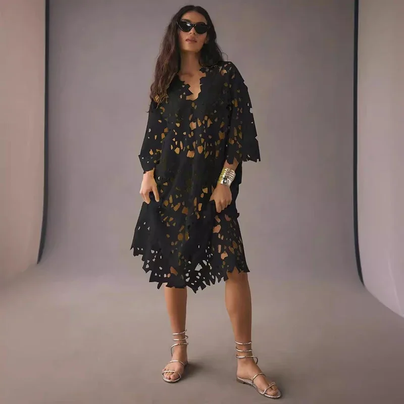 Summer Leisure Loose Beach Holiday Smock Lace Dress for Women Fashion Solid Color V Neck Splicing Embroidery Cutouts Dresses