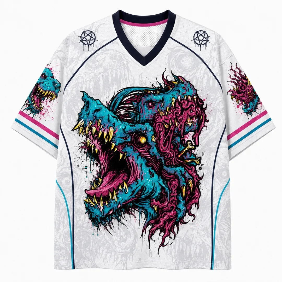 Psychedelic Multi Head Mutated Monster Pattern Full Width Print, Deep Blue Dripping Ink, Dark Punk Style Breathable Mesh T-shirt