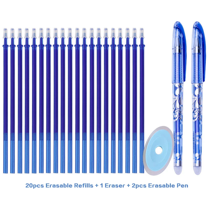 Conjunto de canetas gel apagáveis, tinta azul e preta, material de papelaria para escola e escritório, 20 recargas, 1 borracha, 2pcs