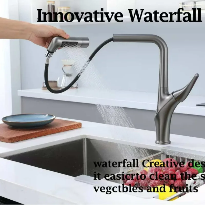 2026 New Pull Out Kitchen Faucet Solid Brass Retractable Hot Cold Water Mixer Tap Gun Grey High Arc for Home Sink